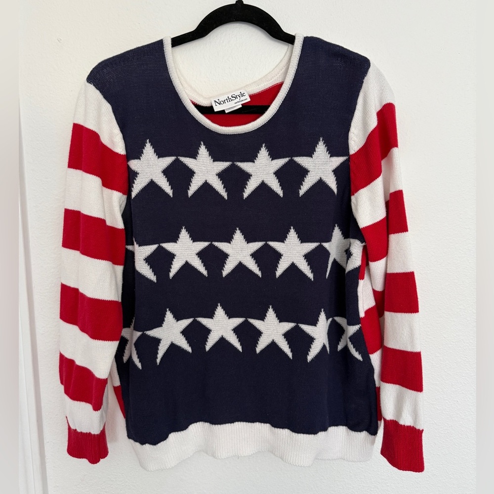 North Style Women’s American Flag Patriotic USA 100% Cotton Knit Sweater 1X Plus